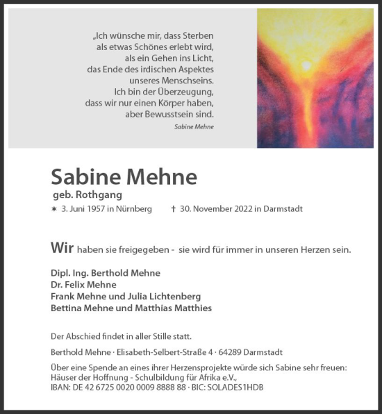 Traueranzeige von Sabine Mehne von vrm-trauer Darmstädter Echo