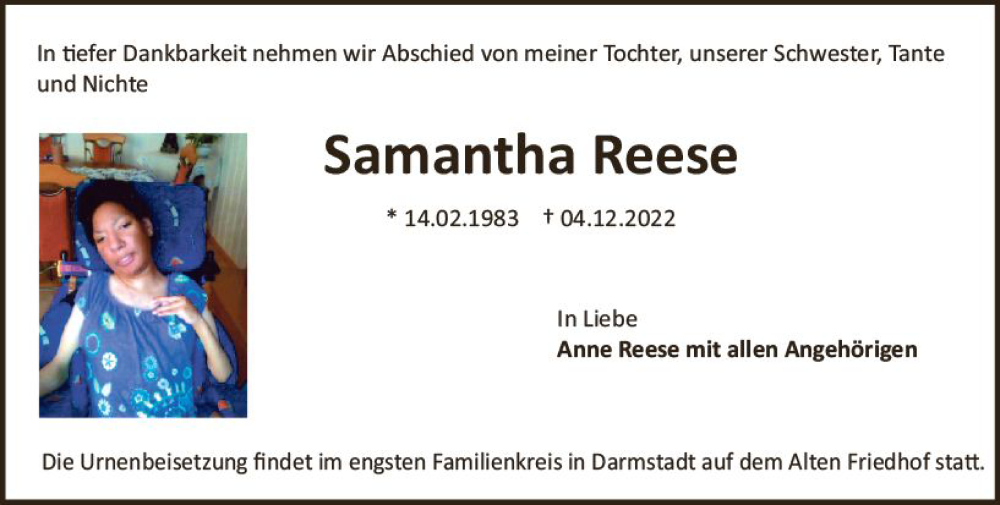  Traueranzeige für Samantha Reese vom 10.12.2022 aus vrm-trauer Darmstädter Echo