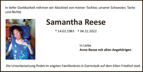 Traueranzeige von Samantha Reese von vrm-trauer Darmstädter Echo
