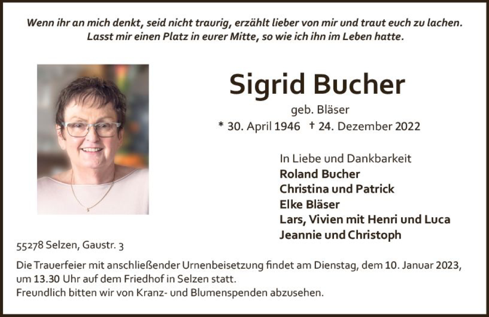  Traueranzeige für Sigrid Bucher vom 31.12.2022 aus vrm-trauer Allgemeine Zeitung Alzey