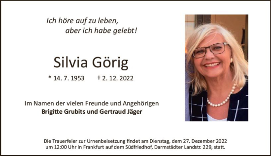 Traueranzeige von Silvia Görig von vrm-trauer Darmstädter Echo