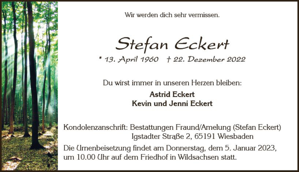  Traueranzeige für Stefan Eckert vom 31.12.2022 aus vrm-trauer Wiesbadener Kurier