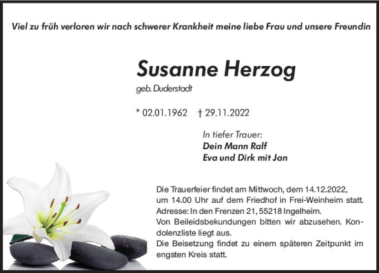 Traueranzeige von Susanne Herzog von vrm-trauer Allg. Zeitung Bad Kreuznach