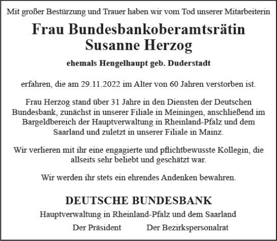 Traueranzeige von Susanne Herzog von vrm-trauer Allgemeine  Zeitung Ingelheim-Bingen