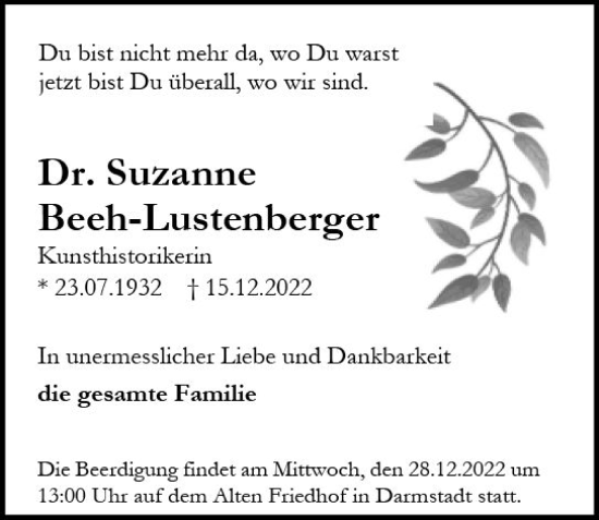 Traueranzeige von Suzanne Beeh-Lustenberger von vrm-trauer Darmstädter Echo