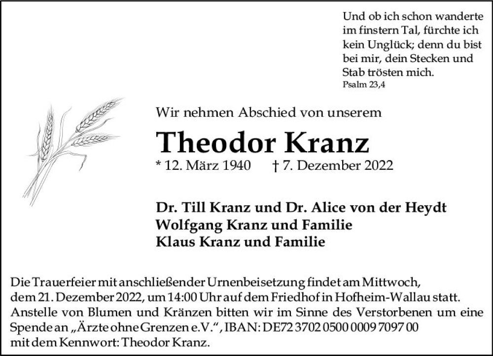  Traueranzeige für Theodor Kranz vom 17.12.2022 aus vrm-trauer Wiesbadener Kurier