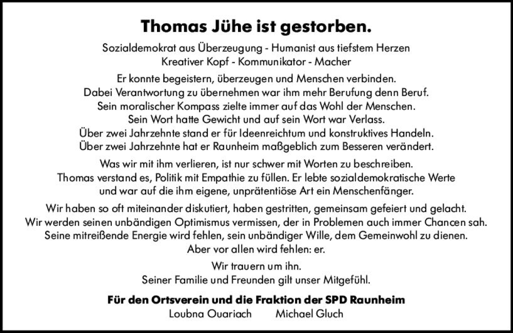  Traueranzeige für Thomas Jühe vom 21.12.2022 aus vrm-trauer Rüsselsheimer Echo / MainSpitze