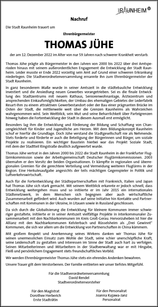  Traueranzeige für Thomas Jühe vom 17.12.2022 aus vrm-trauer Rüsselsheimer Echo / MainSpitze