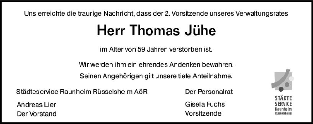  Traueranzeige für Thomas Jühe vom 17.12.2022 aus vrm-trauer Rüsselsheimer Echo / MainSpitze