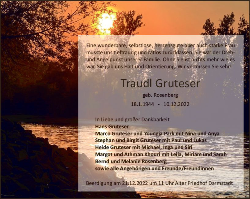  Traueranzeige für Traudl Gruteser vom 17.12.2022 aus vrm-trauer Darmstädter Echo