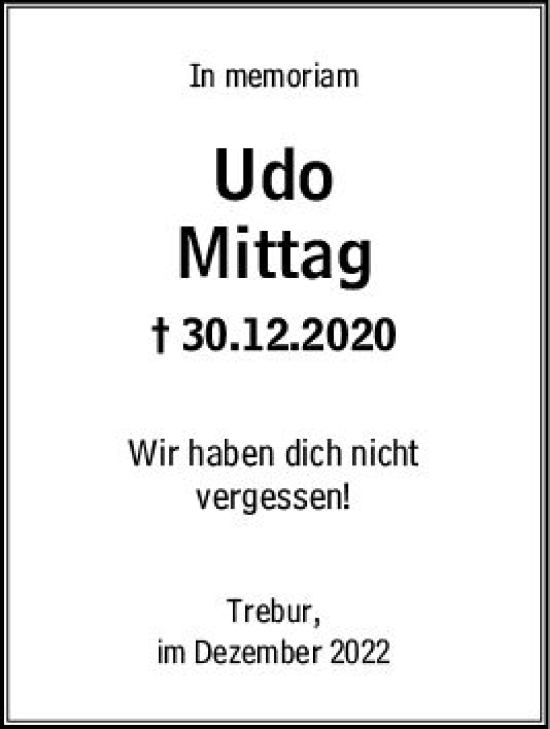 Traueranzeige von Udo Mittag von vrm-trauer Rüsselsheimer Echo / MainSpitze