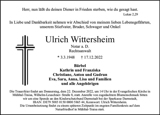 Traueranzeige von Ulrich Wittersheim von vrm-trauer Darmstädter Echo