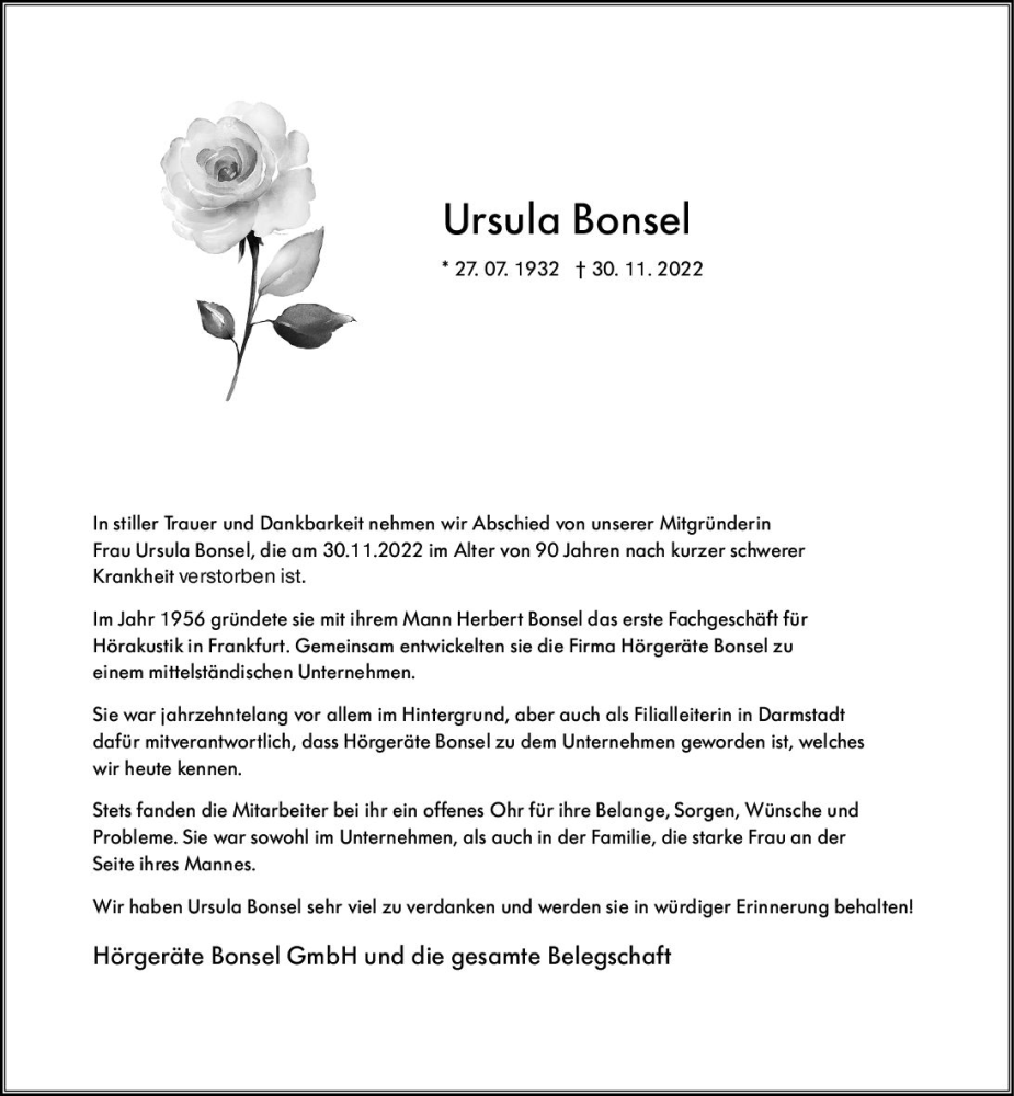  Traueranzeige für Ursula Bonsel vom 16.12.2022 aus vrm-trauer Darmstädter Echo