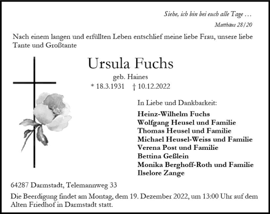 Traueranzeige von Ursula Fuchs von vrm-trauer Darmstädter Echo