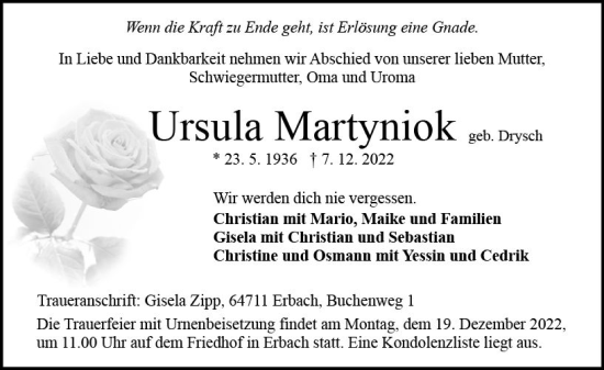 Traueranzeige von Ursula Martyniok von vrm-trauer Odenwälder Echo