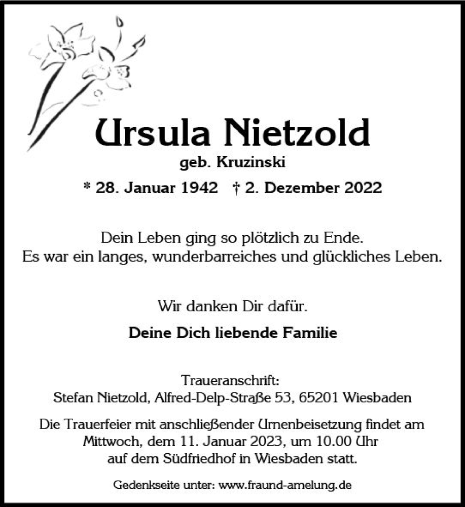  Traueranzeige für Ursula Nietzold vom 31.12.2022 aus vrm-trauer Wiesbadener Kurier
