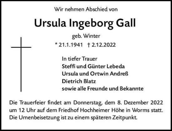 Traueranzeige von Ursula Ingeborg Gall von vrm-trauer Wormser Zeitung