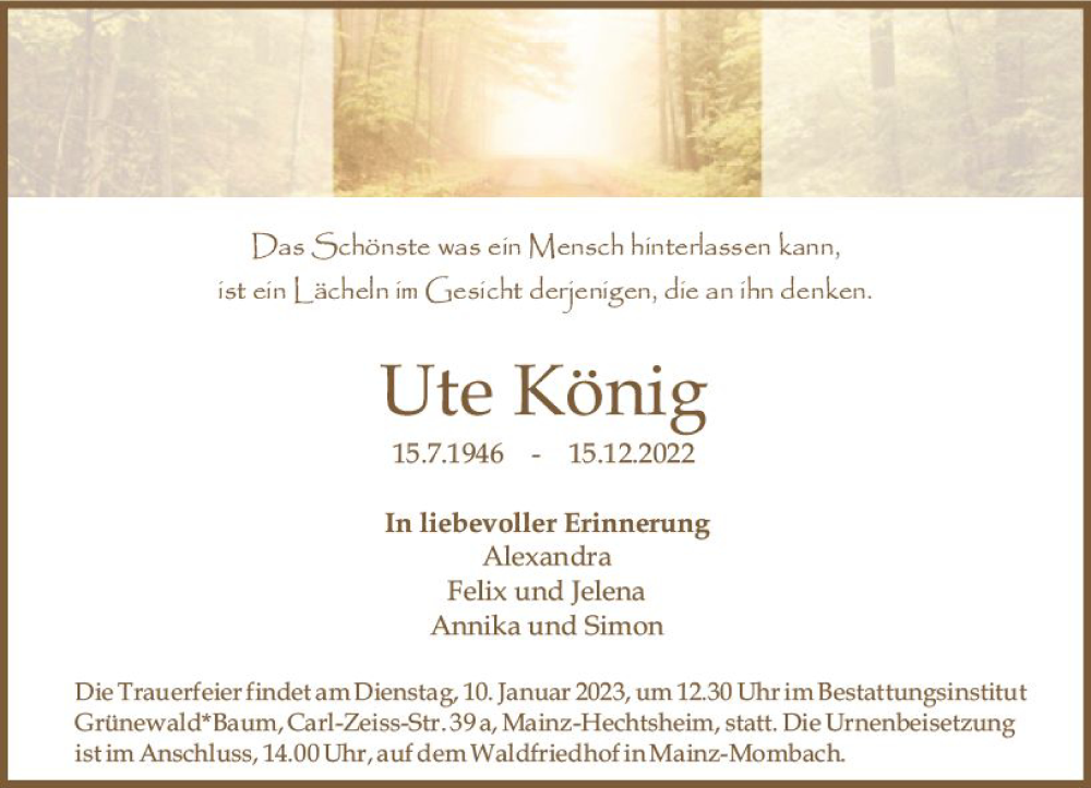  Traueranzeige für Ute König vom 31.12.2022 aus vrm-trauer AZ Mainz