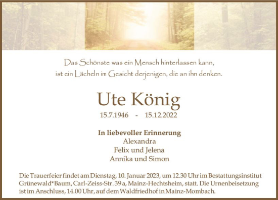 Traueranzeige von Ute König von vrm-trauer AZ Mainz