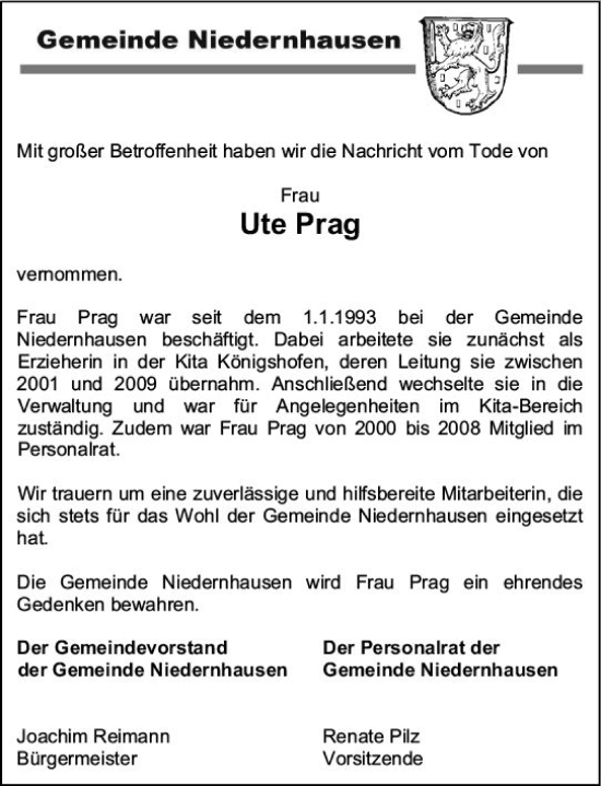 Traueranzeige von Ute Prag von vrm-trauer Idsteiner Zeitung