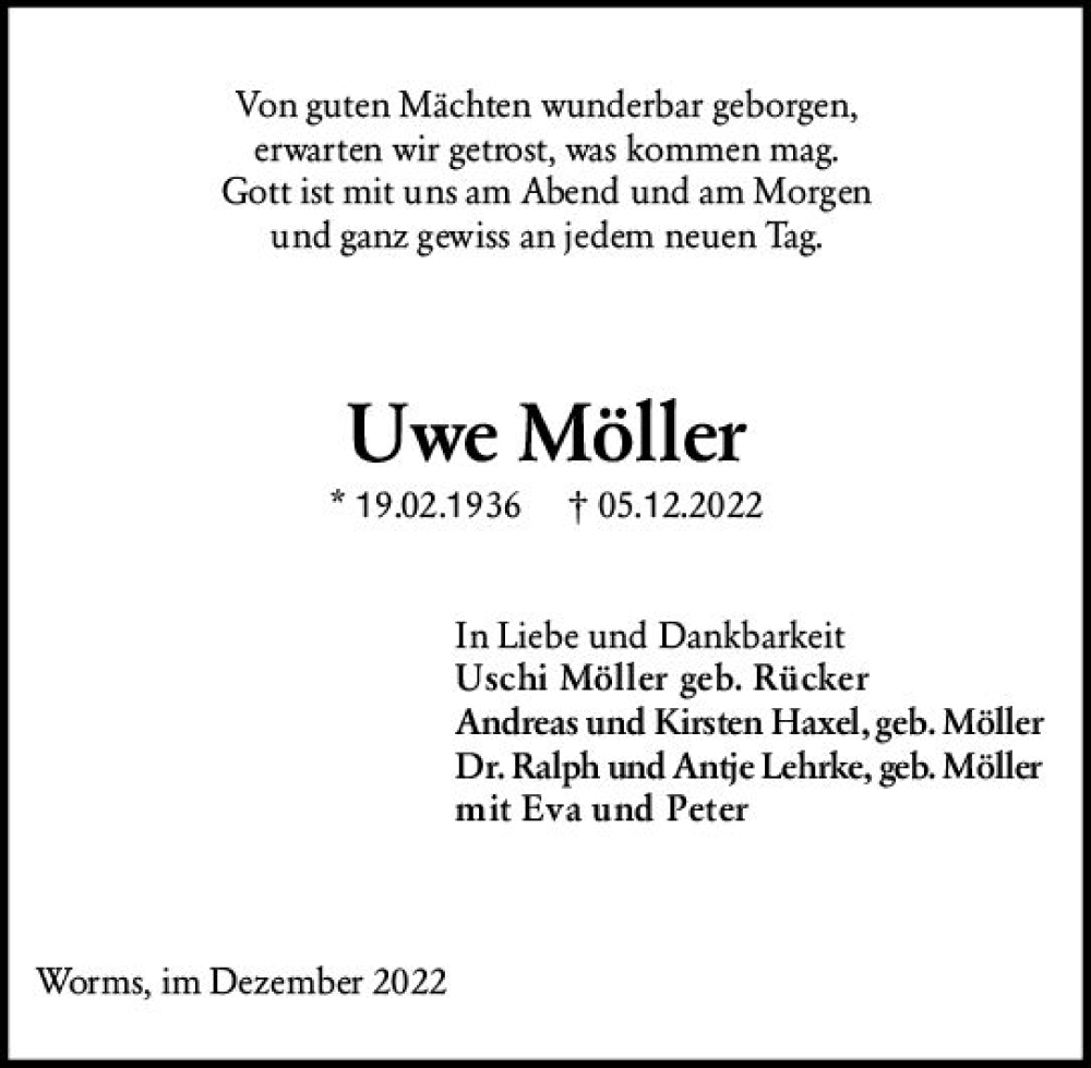 Traueranzeige für Uwe Möller vom 14.12.2022 aus vrm-trauer Wormser Zeitung