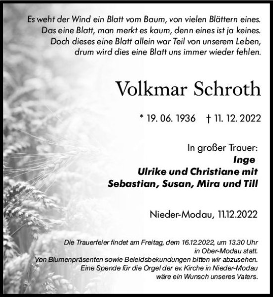 Traueranzeige von Volkmar Schroth von vrm-trauer Darmstädter Echo