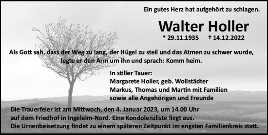 Traueranzeige von Walter Holler von vrm-trauer Allgemeine  Zeitung Ingelheim-Bingen