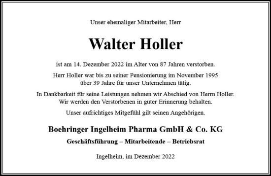 Traueranzeige von Walter Holler von vrm-trauer Allgemeine  Zeitung Ingelheim-Bingen