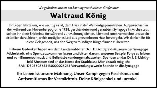 Traueranzeige von Waltraud König von vrm-trauer Odenwälder Echo