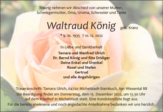 Traueranzeige von Waltraud König von vrm-trauer Odenwälder Echo