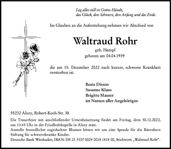 Traueranzeige von Waltraud Rohr von vrm-trauer Allgemeine Zeitung Alzey