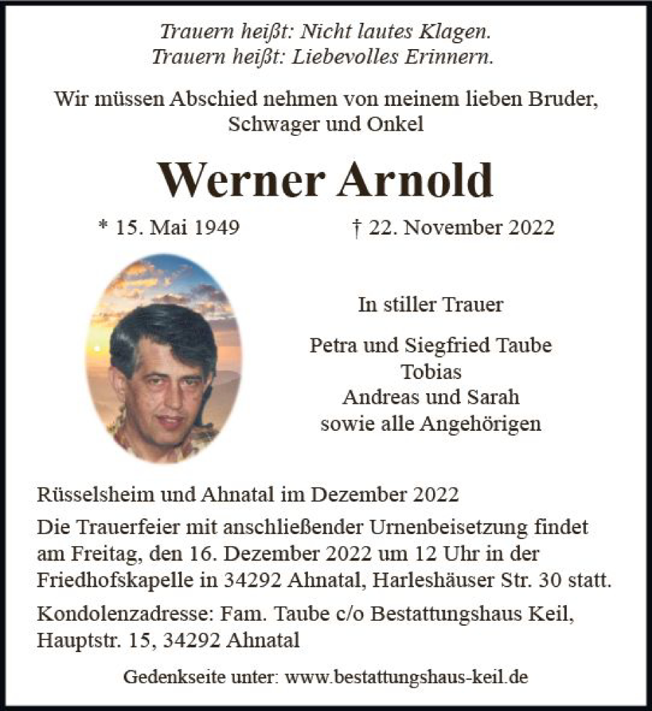  Traueranzeige für Werner Arnold vom 03.12.2022 aus vrm-trauer Rüsselsheimer Echo / MainSpitze