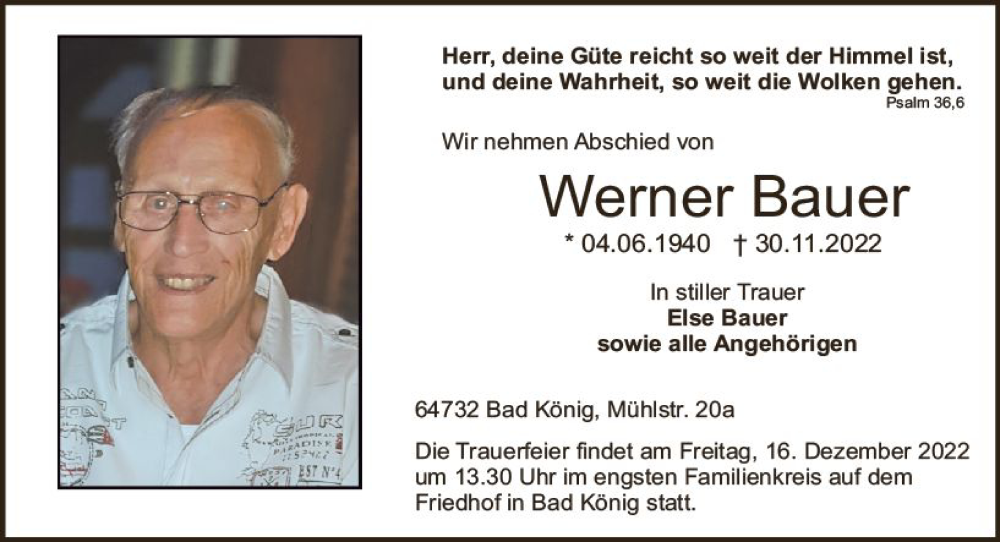  Traueranzeige für Werner Bauer vom 10.12.2022 aus vrm-trauer Odenwälder Echo