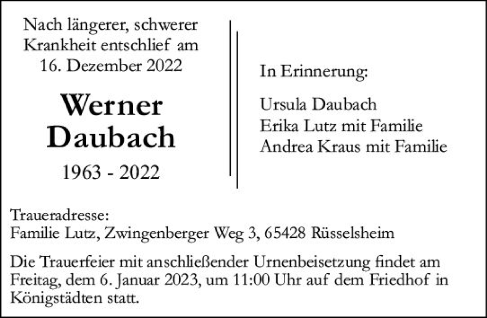  Traueranzeige für Werner Daubach vom 30.12.2022 aus vrm-trauer Rüsselsheimer Echo / MainSpitze