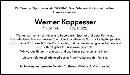 Traueranzeige von Werner Kappesser von vrm-trauer Allgemeine  Zeitung Ingelheim-Bingen