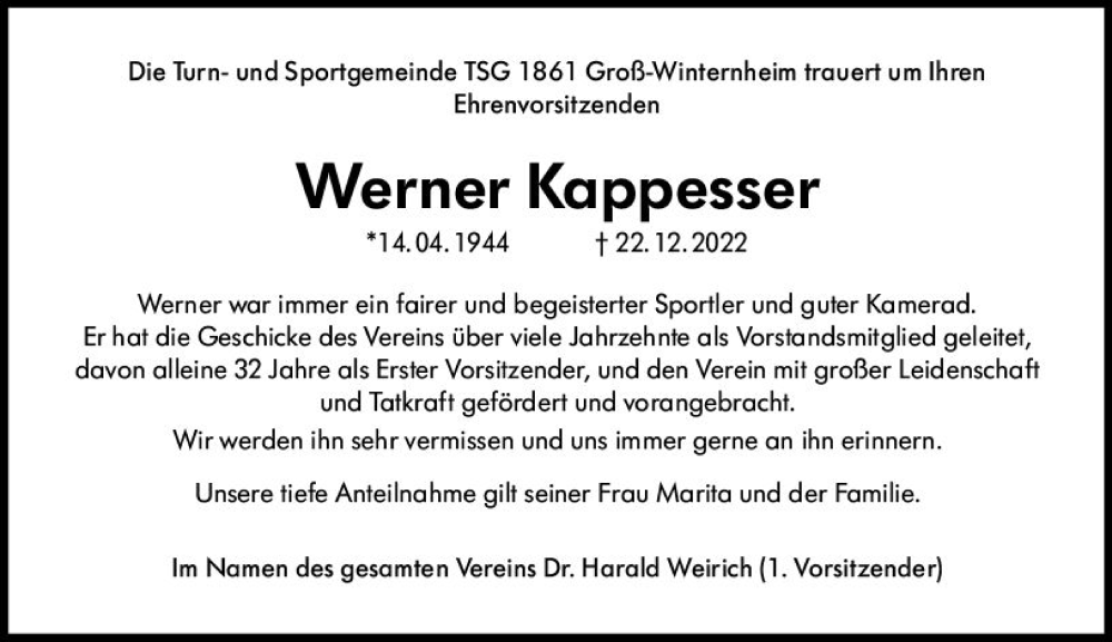  Traueranzeige für Werner Kappesser vom 31.12.2022 aus vrm-trauer Allgemeine  Zeitung Ingelheim-Bingen