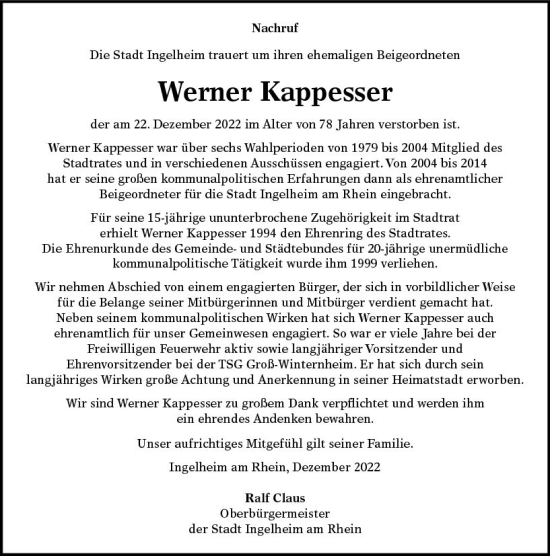 Traueranzeige von Werner Kappesser von vrm-trauer Allgemeine  Zeitung Ingelheim-Bingen