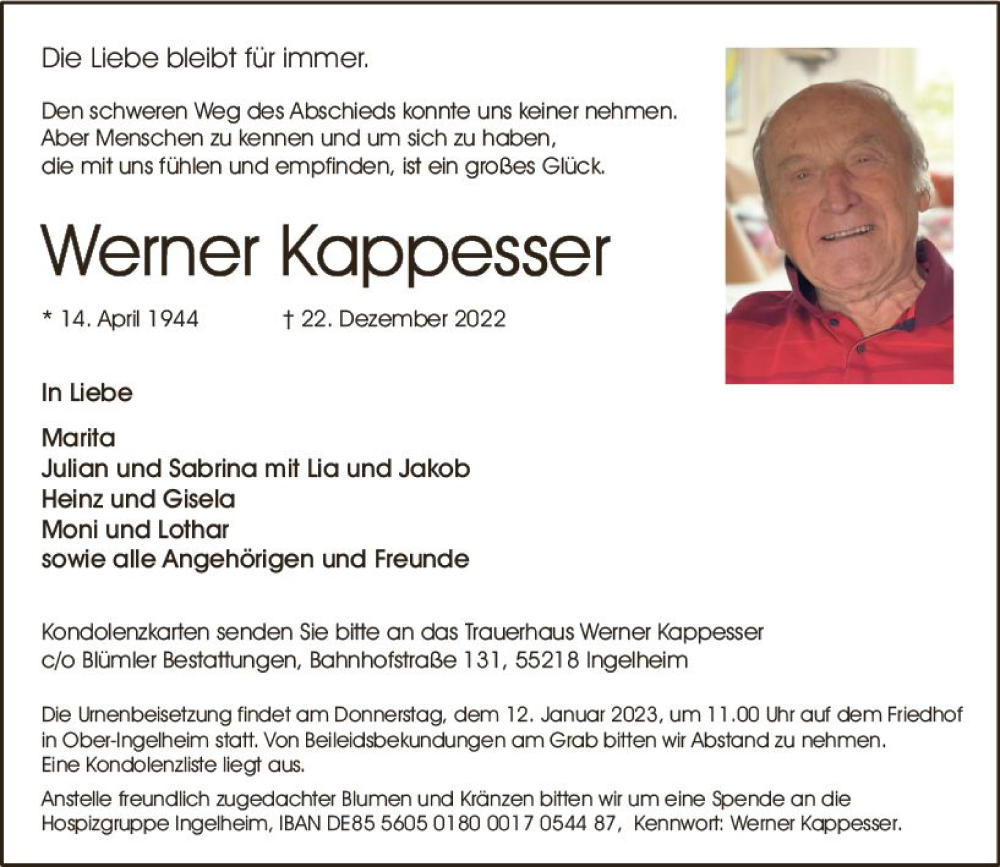  Traueranzeige für Werner Kappesser vom 31.12.2022 aus vrm-trauer Allgemeine  Zeitung Ingelheim-Bingen