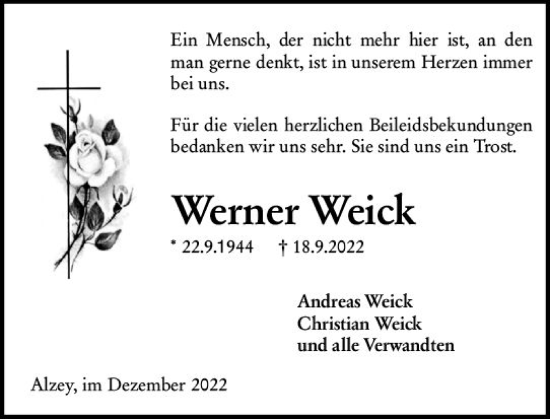 Traueranzeige von Werner Weick von vrm-trauer Allgemeine Zeitung Alzey
