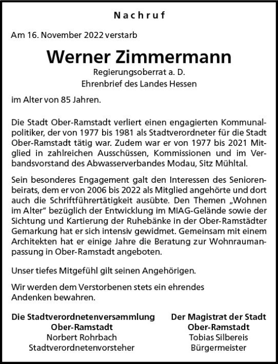 Traueranzeige von Werner Zimmermann von vrm-trauer Darmstädter Echo