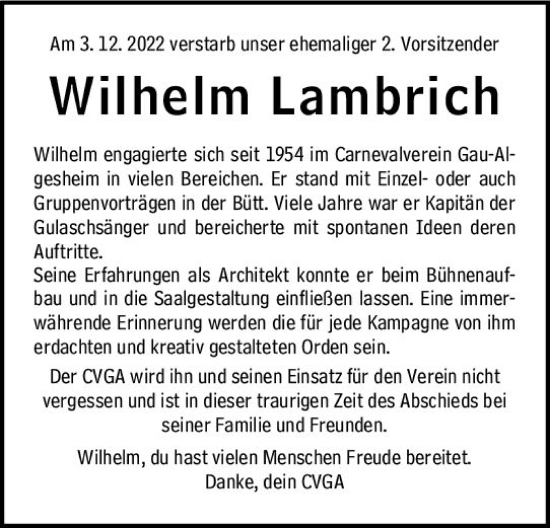 Traueranzeige von Wilhelm Lambrich von vrm-trauer Allgemeine  Zeitung Ingelheim-Bingen