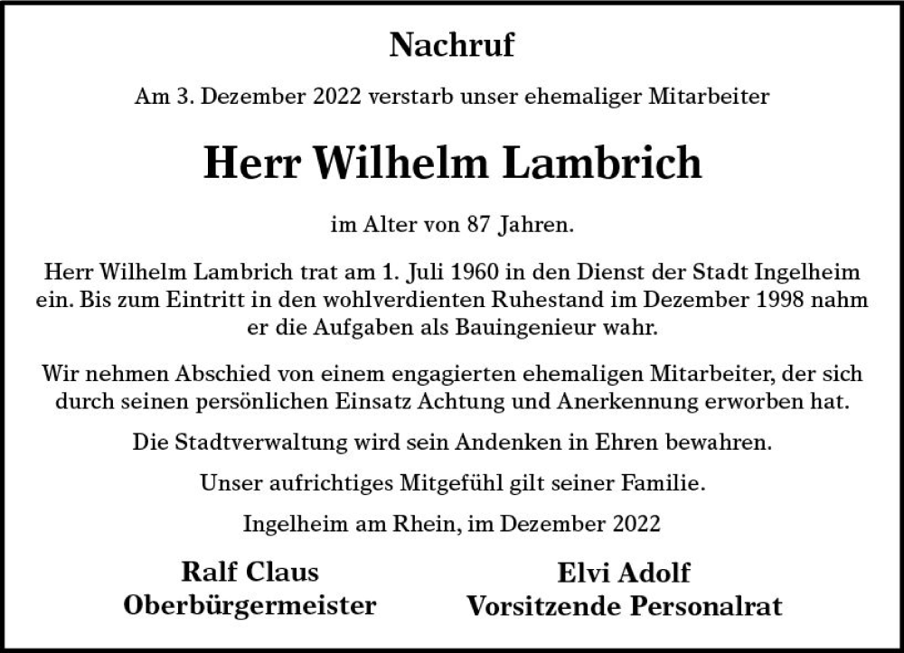  Traueranzeige für Wilhelm Lambrich vom 15.12.2022 aus vrm-trauer Allgemeine  Zeitung Ingelheim-Bingen