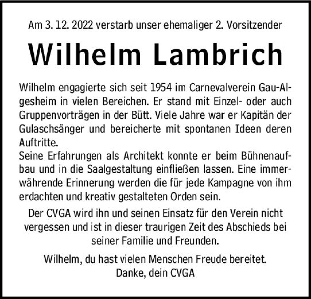  Traueranzeige für Wilhelm Lambrich vom 10.12.2022 aus vrm-trauer Allgemeine  Zeitung Ingelheim-Bingen