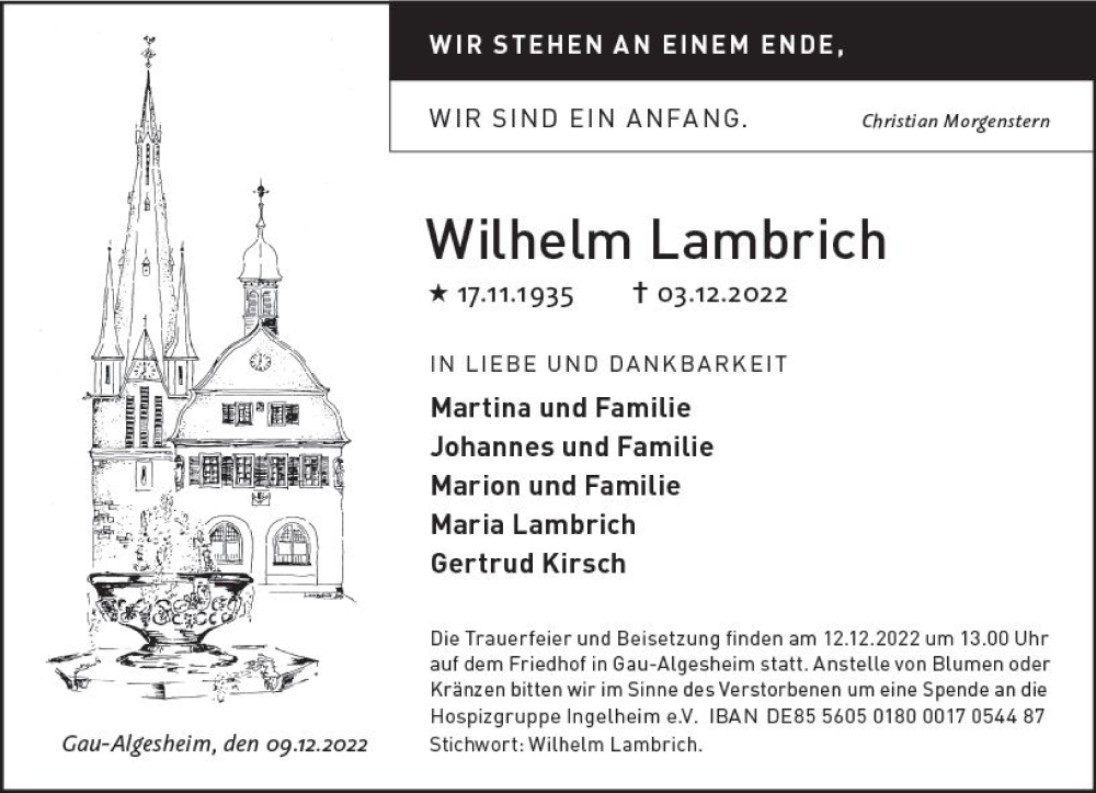  Traueranzeige für Wilhelm Lambrich vom 09.12.2022 aus vrm-trauer Allgemeine  Zeitung Ingelheim-Bingen
