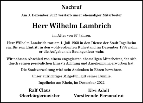 Traueranzeige von Wilhelm Lambrich von vrm-trauer Allgemeine  Zeitung Ingelheim-Bingen
