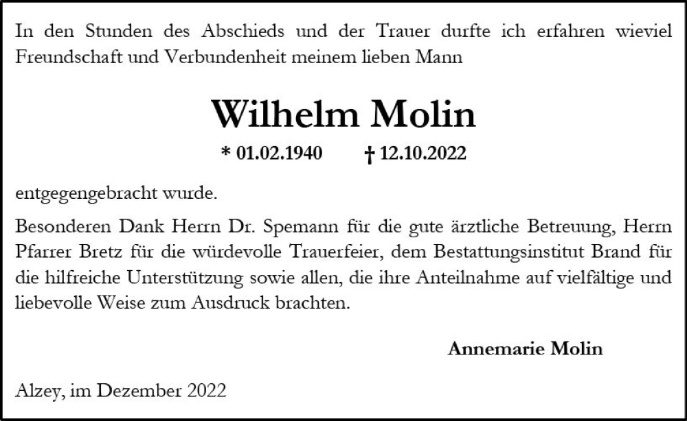  Traueranzeige für Wilhelm Molin vom 03.12.2022 aus vrm-trauer Allgemeine Zeitung Alzey