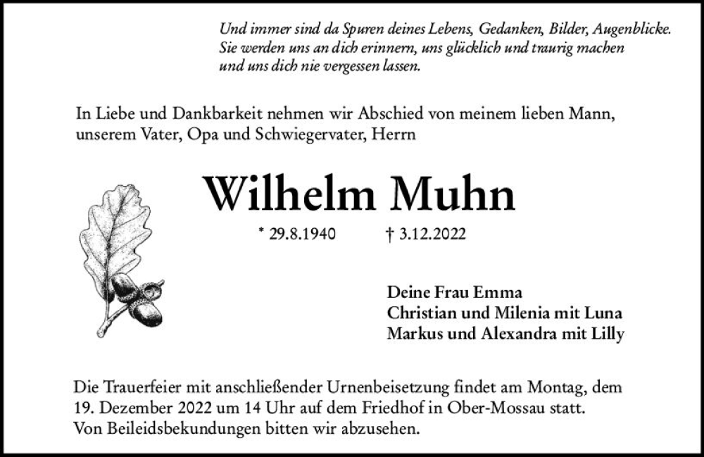  Traueranzeige für Wilhelm Muhn vom 17.12.2022 aus vrm-trauer Odenwälder Echo