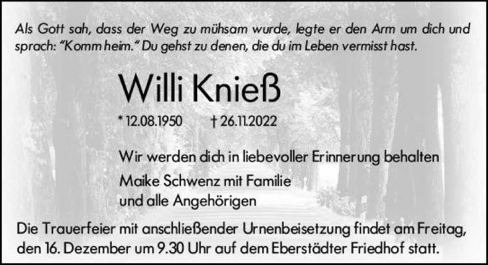  Traueranzeige für Willi Knieß vom 10.12.2022 aus vrm-trauer Darmstädter Echo