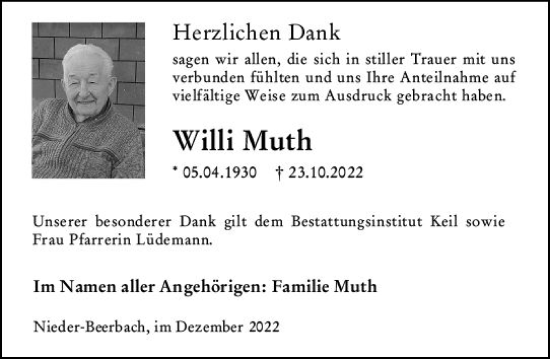 Traueranzeige von Willi Muth von vrm-trauer Darmstädter Echo