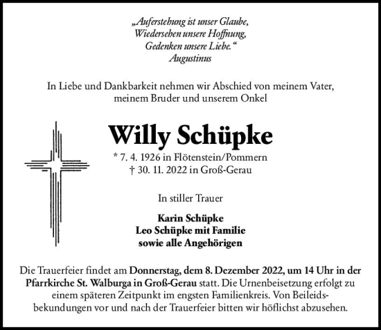 Traueranzeige von Willy Schüpke von vrm-trauer Groß-Gerauer Echo